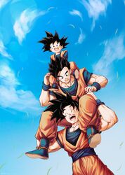  3boys :d ^_^ black_eyes black_hair blue_footwear blue_sky blurry bokeh boots brothers carrying closed_eyes cloud commentary_request d: day depth_of_field dougi dragon_ball dragon_ball_z dutch_angle father_and_son fingernails fisheye full_body grass hands_on_another&#039;s_knees hands_on_another&#039;s_leg happy highres lolicon looking_at_another looking_down male_focus mattari_illust multiple_boys open_mouth outdoors shoulder_carry siblings sky smile son_gohan son_goku son_goten spiked_hair standing teeth upper_body wind wind_lift wristband 