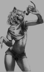  2021 absurd_res anthro biped bottomwear breasts claws closed_eyes clothed clothing crop_top curled_hair digital_drawing_(artwork) digital_media_(artwork) dolphin_shorts electronics female flat_chested fur grey_background greyscale hair hi_res holding_microphone holding_object hotpants long_fingers mammal microphone midriff missy_(napalm_express) monochrome monster napalm_express open_mouth open_smile portrait sharp_teeth shirt shorts simple_background small_breasts smile solo teeth three-quarter_portrait topwear wolficus 