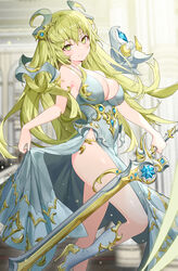  bare_arms bare_shoulders blurry boots breasts cleavage commentary depth_of_field dress female gold_trim green_eyes green_hair grey_dress hair_ornament head_tilt high_heel_boots high_heels highres holding holding_sword holding_weapon knee_boots large_breasts leg_up long_hair looking_at_viewer original ronopu side_slit skirt_hold sleeveless sleeveless_dress smile solo spaghetti_strap standing standing_on_one_leg sword symbol-only_commentary thighs very_long_hair weapon 