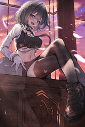  :d absurdres bad_id bad_pixiv_id black_choker black_eyes black_footwear black_skirt black_thighhighs black_vest boots breasts canizzz choker collared_shirt commentary_request crop_top cropped_vest crossed_legs female gloves grey_hair highres korean_commentary large_breasts long_sleeves looking_at_viewer midriff miniskirt mole mole_on_thigh navel necktie open_mouth original shirt short_hair sitting skirt smile solo stomach sweat thighhighs thighs torn_clothes torn_thighhighs vest white_gloves white_shirt zettai_ryouiki 