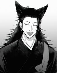  1boy absurdres animal_ears cat_boy cat_ears ear_piercing getou_suguru greyscale hair_bun hair_pulled_back highres japanese_clothes jujutsu_kaisen kemonomimi_mode kimono long_hair looking_at_viewer male_focus monochrome piercing simple_background single_hair_bun solo tongue tongue_out tsurime upper_body xxhane 