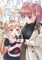  2girls atlanta_(kancolle) batsubyou black_ribbon black_serafuku black_skirt blonde_hair blush breasts brown_hair clothes_writing coat coin_purse earrings error_musume fairy_(kancolle) fingernails gashapon grey_eyes hair_flaps hair_ornament hair_ribbon hairclip jewelry kantai_collection large_breasts long_hair long_sleeves mayura_(lucadia) multiple_girls neckerchief necklace open_mouth pleated_skirt red_eyes red_neckerchief ribbon scarf school_uniform serafuku short_sleeves skirt smile star_(symbol) star_earrings two_side_up white_coat white_scarf yuudachi_(kancolle) yuudachi_kai_ni_(kancolle) 