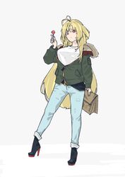  absurdres alternate_costume antenna_hair bag blonde_hair candy commentary denim female food full-length_zipper full_body fur-trimmed_jacket fur_trim green_jacket hand_up high_heels highres holding holding_bag jacket jeans lollipop long_hair onikiri_yasutsuna pants paper_bag parted_lips red_eyes shirt sidelocks solo standing tenka_hyakken very_long_hair watasi_ch3 white_shirt zipper 