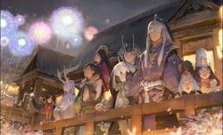  3girls 5boys bandaged_arm bandages bare_shoulders bell black_eyes black_hair blue_eyes closed_mouth covered_nipples enma_(onmyoji) fireworks flower grey_eyes hangan_(onmyoji) headgear horns japanese_clothes kaguya_hime_(onmyoji) kimono krenz kurodouji mannendake_(onmyoji) multiple_boys multiple_girls onmyoji open_mouth orange_eyes outdoors petals pink_eyes pink_flower pointy_ears shirodouji shishio_(onmyoji) smile topless_male vambraces white_hair zashiki_warashi_(onmyoji) 