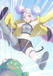  :d armpits bellibolt bike_shorts blush boots breasts character_hair_ornament commentary_request dorai eyelashes female grey_footwear grey_shirt hair_ornament highres iono_(pokemon) jacket looking_at_viewer multicolored_hair open_clothes open_jacket open_mouth pink_hair pokemon pokemon_(creature) pokemon_sv purple_eyes sharp_teeth shirt sleeveless sleeveless_shirt smile spread_legs teeth tongue twintails two-tone_hair upper_teeth_only yellow_jacket 