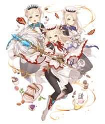  3girls animal_ears blonde_hair blue_little_pig_(sinoalice) cake cosplay feathers final_fantasy food full_body gloves green_little_pig_(sinoalice) hat ji_no macaron multiple_girls official_art pantyhose pig_ears purple_eyes red_little_pig_(sinoalice) sandwich siblings sinoalice sisters skinny smile staff teeth transparent_background upper_teeth_only vial white_mage_(final_fantasy) white_mage_(final_fantasy)_(cosplay) wide_sleeves 