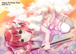  absurdres bad_id bad_pixiv_id birthday blush character_name commentary_request dated depe english_text female flower green_eyes hair_flower hair_ornament happy_birthday highres kurosawa_ruby looking_at_viewer love_live! love_live!_sunshine!! lying on_side red_hair short_hair short_sleeves sidelocks signature smile solo thighhighs two_side_up wand white_thighhighs 