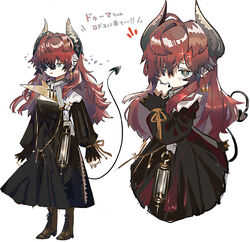  ahoge arknights black_dress boots brown_footwear cross demon_horns demon_tail domma_(arknights) dress earrings female green_eyes hair_intakes highres horns jewelry lantern long_hair long_sleeves looking_at_viewer multiple_views red_hair ryu_(17569823) simple_background tail white_background 