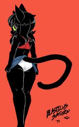  2019 anthro ass black_body black_fur blasticussaturn bottomwear clothed clothing clothing_lift crop_top dark_body dark_fur dark_hair felid feline female fur hi_res inconvenient_tail looking_at_viewer mammal midriff panties shirt simple_background skirt skirt_lift solo topwear underwear upskirt white_clothing white_panties white_underwear 