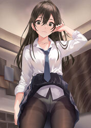  black_pantyhose breasts brown_hair clothes_lift collared_shirt earrings female iya_na_kao_sare_nagara_opantsu_misete_moraitai jacket jewelry long_hair long_sleeves looking_at_viewer mole mole_under_eye necklace necktie nurumi panties panties_under_pantyhose pantyhose school_uniform shirt skirt skirt_lift solo stud_earrings thighband_pantyhose underwear white_shirt 