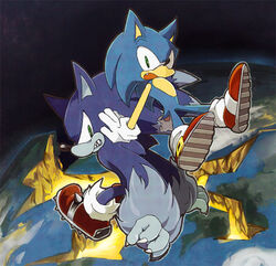  2010 anthro blue_body blue_fur claws clenched_teeth clothing duo earth eulipotyphlan footwear fur gloves green_eyes handwear hedgehog male mammal niwa0w0 open_mouth planet sega shoes sonic_the_hedgehog sonic_the_hedgehog_(series) sonic_the_werehog sonic_unleashed square_crossover teeth were wereeulipotyphlan werehog 