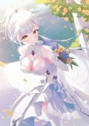  arms_behind_back blurry breasts cleavage commentary day dress feet_out_of_frame female flower from_above highres long_hair looking_at_viewer medium_breasts official_alternate_costume outdoors ponytail saki_fuwa_(tower_of_fantasy) smile solo sunlight symbol-only_commentary tower_of_fantasy water wedding wedding_dress white_dress white_hair yampa yellow_eyes 