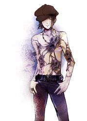  1boy bad_id bad_twitter_id belt_buckle black_hair brown_hair buckle cabbie_hat collarbone cowboy_shot denim expressionless hat jeans jewelry looking_at_viewer male_focus marureenu necklace nitta_isamu one_eye_covered pants pectorals ring shin_megami_tensei shin_megami_tensei_iii:_nocturne simple_background skull solo standing topless_male white_background yellow_eyes 