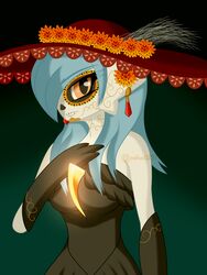  2021 3:4 absurd_res alyx_(cobra0281) armwear blue_hair bodypaint calavera calavera_face_paint cempasuchil_(flower) clothing cobra0281 day_of_the_dead ear_piercing ear_ring elbow_gloves face_paint female flower gardevoir generation_3_pokemon gloves glowing green_background hair handwear hat headgear headwear hi_res holidays long_hair looking_at_viewer marigold_(flower) nintendo not_furry orange_eyes piercing plant pokemon pokemon_(species) ring_piercing shiny_pokemon shoulderless_dress signature simple_background skull_face_paint solo sombrero watermark 