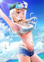  ;d armpits arms_up bare_shoulders baseball_cap bikini black_choker blonde_hair blue_eyes blue_shorts blush breasts bubble choker cloud commentary cowboy_shot cutoffs day denim denim_shorts exposed_pocket female groin hachimiya_meguru hat highres idolmaster idolmaster_shiny_colors large_breasts long_hair looking_at_viewer md5_mismatch micro_shorts navel one_eye_closed open_fly open_mouth outdoors revision shorts sidelocks smile solo stomach sunlight swimsuit taut_bikini thighs turisasu water 