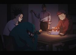  3boys bad_id bad_twitter_id birthday_cake birthday_party black_hair black_pants cake candle chair choso_(jujutsu_kaisen) closed_mouth collared_shirt dark eso_(jujutsu_kaisen) facial_mark facial_tattoo food fruit full_body highres holding hood hood_down hoodie indoors itadori_yuuji jujutsu_kaisen kechizu_(jujutsu_kaisen) letterboxed long_sleeves looking_at_another majo_(nxikhwztef3cjyk) male_focus monster multiple_boys pants party_popper pink_hair red_hoodie shirt short_hair short_twintails shorts strawberry table tattoo twintails white_shirt 