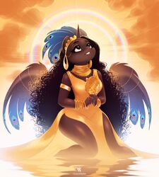  alicorn anthro beyonce black_hair bracelet clothing crescent_moon dress ear_piercing equid equine female glistening gold_theme hair hi_res horn jewelry katputze long_hair looking_up mammal moon mythological_creature mythological_equine mythology neck_ring necklace piercing reflection solo sun water water_reflection wings 