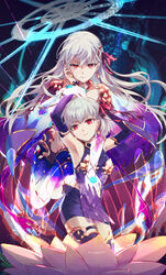  2girls aged_down aqua_flower armor armpits arms_up bare_shoulders bikini_armor blue_fire blunt_bangs collar collarbone commentary cowboy_shot csyday dark_background demon demon_girl detached_sleeves dress drop_earrings dual_persona earrings elbow_gloves evil_smile fate/grand_order fate_(series) fingernails fire floating floating_hair flower gloves gold_armlet gold_collar gold_earrings gold_thighlet gradient_skin hair_ribbon halo hand_on_another&#039;s_cheek hand_on_another&#039;s_face hand_on_another&#039;s_head hand_on_another&#039;s_stomach highres indian_clothes jewelry kama_(beast_iii/l)_(fate) kama_(fate) kama_(first_ascension)_(fate) knees_up lolicon long_hair looking_at_viewer lotus lotus_earrings lotus_pedestal lotus_print metal_collar miniskirt multiple_girls petals pink_ribbon purple_gloves purple_skirt purple_thighhighs red_eyes revealing_clothes ribbon see-through see-through_dress sharp_fingernails short_hair skirt slit_pupils smile thighhighs thighlet torn torn_clothes twitter_username very_long_hair wheel_of_dharma white_hair 