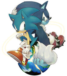  2010 anthro blue_body blue_fur claws clothing duo earth eulipotyphlan fluffy footwear frown fur gloves green_eyes grey_body grey_fur handwear hedgehog looking_at_another male mammal niwa0w0 planet sega shoes simple_background sitting smile sonic_the_hedgehog sonic_the_hedgehog_(series) sonic_the_werehog sonic_unleashed spiked_clothing spiked_footwear spikes square_crossover were wereeulipotyphlan werehog white_background 