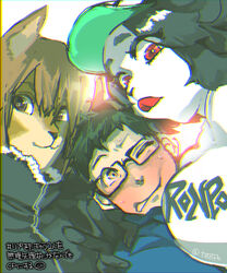  2016 5:6 anthro baseball_cap bear biped black_hair black_nose brown_body brown_eyebrows brown_eyes brown_fur brown_hair chromatic_aberration closed_smile clothing dark_hair dark_nose digital_media_(artwork) eyebrows eyewear female fur gesture giant_panda glasses group hair hair_between_eyes hand_gesture hat headgear headwear human japanese_text kemono male mammal monotone_hair mouth_closed multicolored_body multicolored_fur one_eye_closed red_eyes red_tongue shoronpo smile tan_body tan_fur tan_inner_ear teteteko text tongue tongue_out trio v_sign white_body white_fur 