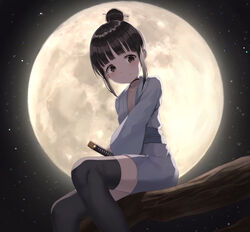  black_hair black_thighhighs bodysuit branch closed_mouth commentary_request feet_out_of_frame female fishnet_bodysuit fishnets from_below full_moon hair_bun hair_ornament hair_stick hanavvi highres huge_moon japanese_clothes kimono kunoichi_tsubaki_no_mune_no_uchi long_sleeves looking_at_viewer mokuren_(kunoichi_tsubaki_no_mune_no_uchi) moon night night_sky ninja sash short_hair single_hair_bun sitting sky smile solo star_(sky) starry_sky sword thighhighs weapon 