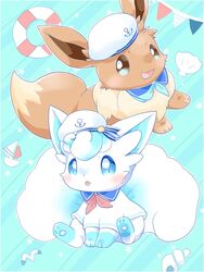  2020 3:4 alolan_form alolan_vulpix ambiguous_gender asian_clothing blue_background blue_eyes blue_paws boat canid clothing daww duo east_asian_clothing eevee feral fur generation_1_pokemon generation_7_pokemon green_body green_fur hat headgear headwear japanese_clothing japanese_school_uniform life_preserver mammal maple926 nintendo open_mouth pawpads paws pink_body pink_fur pokemon pokemon_(species) regional_form_(pokemon) sailing_boat sailing_watercraft school_uniform seashell serafuku shell simple_background sitting topwear uniform vehicle watercraft white_body white_clothing white_fur white_hat white_headwear white_topwear 