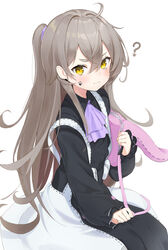  :3 ? absurdres aged_down alternate_costume ascot bag black_dress blush brown_hair crossed_bangs dress facial_mark female girls&#039;_frontline hair_between_eyes highres long_hair long_sleeves mint_(psmin30) official_alternate_costume one_side_up paw_print photoshop_(medium) purple_ascot scar scar_across_eye scar_on_face shoulder_bag simple_background solo suspenders ump45_(agent_lop_rabbit)_(girls&#039;_frontline) ump45_(girls&#039;_frontline) white_background yellow_eyes 