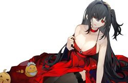  arm_support asymmetrical_hair azur_lane black_hair blush breasts choker cleavage closed_mouth cocktail_dress cowboy_shot crossed_bangs dress female furrowed_brow hair_between_eyes hair_ornament halter_dress halterneck hand_on_floor large_breasts long_hair looking_at_viewer manjuu_(azur_lane) official_alternate_costume pulling_own_clothes red_choker red_dress red_eyes side_ponytail simple_background sitting sleeveless sleeveless_dress smile solo spaghetti_strap straight_hair taihou_(azur_lane) taihou_(forbidden_feast)_(azur_lane) tapioga2 thighhighs white_background zettai_ryouiki 