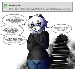  abluedeer anthro ask_blog bear black_body black_fur black_nose blue_eyes bottomwear breasts clothed clothing dialogue_box digital_media_(artwork) english_text female fur giant_panda hair lin_(abluedeer) mammal moon_lace pants sad shaded shirt short_hair short_tail shy simple_background solo tail text topwear white_body white_fur white_hair 