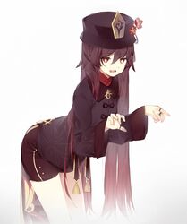  bad_id bad_twitter_id bent_over black_shorts brown_hair female flower genshin_impact ghost_pose hat hat_flower highres hu_tao_(genshin_impact) jewelry long_hair long_sleeves looking_at_viewer mandarin_collar multiple_rings open_mouth plum_blossoms red_eyes red_flower ring shorts simple_background smile solo standing thumb_ring very_long_hair white_background yuishironeko 