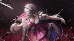  2girls absurdres apron ascot bat_wings between_fingers blue_hair bow braid breasts brooch carrying dedemaru dress falling_petals floating floating_object floating_sword floating_weapon green_bow grey_hair hat highres holding izayoi_sakuya jewelry knife maid maid_apron maid_headdress moon multiple_girls multiple_swords open_mouth petals pocket_watch princess_carry red_ascot red_eyes red_moon remilia_scarlet rose_petals short_hair sleeveless sword touhou twin_braids vampire waist_apron watch weapon wings wrist_cuffs 