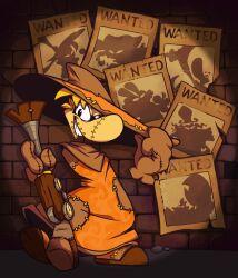  2025 big_nose black_eyes blonde_hair bodypaint brick_wall brown_clothing brown_footwear brown_handwear brown_kerchief brown_mittens brown_neckerchief brown_shoes clothed clothed_humanoid clothed_male clothing colored cosplay digital_drawing_(artwork) digital_media_(artwork) english_description english_text face_paint floating_hands floating_head footwear full-length_portrait furrowed_brow gun hair halloween handwear hi_res holding_gun holding_object holding_ranged_weapon holding_weapon holidays hoodlum_(rayman) humanoid kerchief light lighting male male_humanoid mittens neckerchief neckwear not_furry orange_clothing orange_robe patch_(fabric) portrait pose poster_(object) ranged_weapon raygirl rayman rayman_(series) raypeople_(rayman) robe shaded shoes short_hair smile smiling_at_viewer solo text toothy_grin ubisoft wall_(structure) wanted_poster weapon wide_brim_hat 