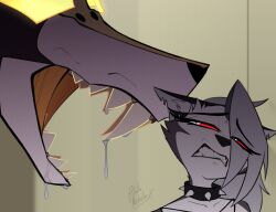 2025 alien_(franchise) anthro black_collar black_ears black_eyebrows black_nose bodily_fluids canid canid_demon canine clenched_teeth collar collarbone demon drooling duo ear_piercing ears_down extreme_size_difference eye_through_hair eyebrow_through_hair eyebrows eyelashes fangs female female_anthro fur glowing glowing_eyes grey_body grey_fur grey_hair hair hair_over_eye head_tilt hellaverse hellhound helluva_boss inner_ear_fluff long_hair looking_aside loona_(helluva_boss) mammal monster multicolored_body multicolored_fur mythological_canine mythological_creature mythology narrowed_eyes notched_ear open_mouth orange_body orange_fur piercing pivoted_ears potatonebula pupils queen_bee-lzebub_(helluva_boss) red_sclera saliva saliva_on_face sharp_teeth signature size_difference slit_pupils snout spiked_collar spikes teeth translucent translucent_hair tuft two_tone_body two_tone_fur white_body white_eyes white_fur white_inner_ear white_inner_ear_fluff yellow_eyes 