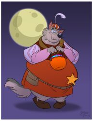  anthro badge belly belt belt_pouch big_belly candy canid canine canis claws clothed clothing costume dessert fangs finger_claws food footwear full_moon fur grey_body grey_fur halloween_bucket hat hat_feather headgear headwear hi_res huge_belly jarggyroo looking_down loose_feather male mammal moon obese obese_anthro obese_male overweight overweight_anthro overweight_male pantsless sheriff_of_nottingham shoes smile solo star tail teddy_(hazeldude) teeth wolf 