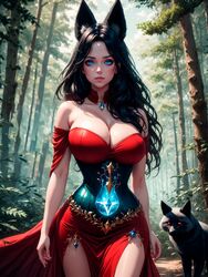  ai_generated big_breasts black_fox black_fur black_hair blue_eyes day female_only forest fox fox_ears fox_girl long_hair multi_ear red_eyes slim_waist 