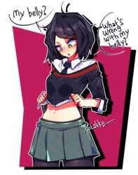  2d 2d_(artwork) belly belly_button black_hair brown_eyes lifting_shirt marvel peni_parker red_hair_ornament school_uniform spider-man:_across_the_spider-verse spider-man:_into_the_spider-verse spider-man_(series) text text_bubble watermark yutakke 