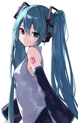  absurdres aqua_eyes aqua_hair aqua_necktie bare_shoulders black_skirt black_sleeves breasts detached_sleeves female hair_between_eyes hatsune_miku headphones headset highres long_hair looking_at_viewer necktie number_tattoo rakugaki_ningen shirt shoulder_tattoo skirt sleeveless sleeveless_shirt solo tattoo twintails vocaloid white_shirt 