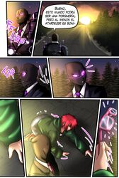  1boy1girl aurora_romanof black_body bri4n500 business_suit comic comic_page crossover el_diario_de_jonathan enderman female glasses male minecraft outdoors purple_eyes red_hair short_hair spanish_text sunset 