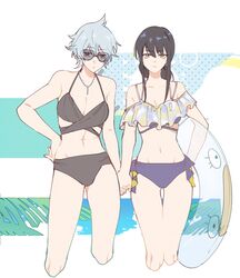  2girls alternate_costume bikini black_bikini black_hair canon_genderswap cleavage elizabeth_(gintama) female female_only genderswap_(mtf) ginko_sakata gintama gintoki_sakata hand_on_hip holding_hands innertube katsura_kotarou light_blue_hair long_hair looking_at_viewer noichi red_eyes rule_63 short_hair sunglasses swimsuit tinted_eyewear very_short_hair yellow_eyes yuri 