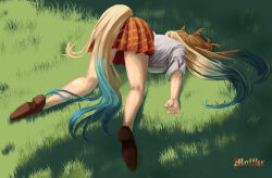  absurdres animal_ears blonde_hair blue_hair ear_ornament ear_piercing female grass highres horse_ears horse_girl horse_tail long_hair moltke_(moltke_von) multicolored_hair obey_your_master_(umamusume) orange_skirt outdoors piercing shirt shoes skirt solo tail top-down_bottom-up umamusume white_shirt 