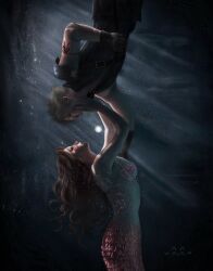  1boy aerith_gainsborough arm_up armor artist_name bikini bikini_top_only black_cape black_gloves black_vest blonde_hair breasts brown_hair cape cloud_strife couple female final_fantasy final_fantasy_vii final_fantasy_vii_advent_children fins fish_tail gift_art gloves hands_on_another&#039;s_cheeks hands_on_another&#039;s_face highres long_hair looking_at_another materia medium_breasts mermaid midriff monster_girl parted_bangs pauldrons pink_ribbon ribbon short_hair shoulder_armor single_pauldron spiked_hair straight swimsuit tail underwater upper_body vest waist_cape woomie 