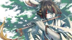  animal_humanoid anthro beaded_bracelet beaded_jewelry beads bell bodypaint bracelet brown_hair face_paint flute hair humanoid jeacn jewelry male musical_instrument onmyou_taisenki playing_flute playing_music sky wind_instrument woodwind_instrument 