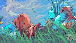  16:9 anthro bottomwear closed_eyes clothing cloud felid jeacn kogenta_(onmyou_taisenki) lying male mammal on_back onmyou_taisenki pantherine pants red_bottomwear red_clothing red_pants sky sleeveless_shirt tiger widescreen 