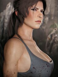  1girls 3d blood blood_on_body cleavage elisanetishar female female_only frown frowning lara_croft lara_croft_(survivor) large_breasts light-skinned_female light_skin tomb_raider tomb_raider_(survivor) 