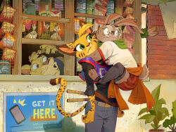  4:3 anthro arnis belt blue_eyes bottomwear brown_body brown_fur carrying_another clothing collared_shirt constricted_pupils denim denim_bottomwear denim_clothing detailed_background digital_drawing_(artwork) digital_media_(artwork) dress_shirt ear_piercing ear_ring eyewear face_squish felid feline female freckles fur glasses green_eyes group head_tuft hug hugging_another jacket_around_waist jeans jersey lagomorph leporid lion long_ears long_sleeves long_tail male mammal markings meme orange_eyes paddy_(ruffu) pantherine pants pepper_(ruffu) philippines piercing pogchamp pointy_ears pupils rabbit ring_piercing round_ears ruffu sari-sari_store scared scarf school_uniform shirt skirt small_pupils spots spotted_body spotted_fur squish store striped_markings stripes tail tank_top tied_ears toeless_legwear toeless_stockings topwear trio tuft uniform wearing_glasses yellow_body yellow_fur 