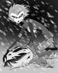  2025 4:5 anthro atimon avian beak bottomwear chest_tuft clothed clothing demon feathers glare glaring_at_viewer hellaverse helluva_boss hi_res kneeling looking_at_viewer male monochrome mouth_closed multi_eye pants plant shirt signature snow snowing solo stolas_(helluva_boss) tail tail_feathers text topwear tuft 