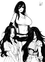  3girls :o absurdres aerith_gainsborough aerith_gainsborough_(cosplay) breasts cleavage cloud_strife cloud_strife_(cosplay) commentary constricted_pupils cosplay crop_top crossover dress english_commentary final_fantasy final_fantasy_vii hair_over_one_eye hasshaku-sama highres huge_breasts jacket japanese_urban_legends jewelry long_hair lughost medium_breasts microskirt military_vehicle motor_vehicle multiple_crossover multiple_girls navel necklace open_mouth pencil_skirt saeki_kayako scar scar_on_cheek scar_on_face shaded_face signature single_shoulder_pad skirt suspender_skirt suspenders tank the_grudge the_ring tifa_lockhart tifa_lockhart_(cosplay) very_long_hair yamamura_sadako 