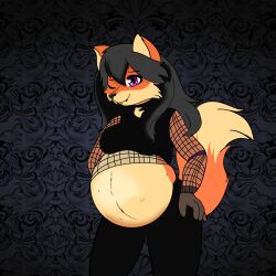  2024 annie_(ommy_fetishs) anthro black_hair black_nose bottomwear canid canine clothing digital_drawing_(artwork) digital_media_(artwork) english_description facial_piercing female fishnet_clothing fishnet_topwear fox fur hair hi_res lip_piercing lip_stud long_hair looking_at_viewer mammal ommy_fetishs one_eye_closed orange_body orange_fur piercing pregnant pregnant_anthro pregnant_female purple_eyes shirt solo standing tank_top topwear wink winking_at_viewer 