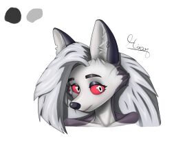  anthro canid canid_demon canine demon dog_ears ear_piercing face_only facial_tuft female fur grey_body grey_fur grey_hair hair headshot_portrait hellaverse hellhound helluva_boss hi_res hivar humanoid looking_at_viewer loona_(helluva_boss) mammal mythological_canine mythological_creature mythology piercing portrait red_eyes simple_background snout solo tuft white_background 
