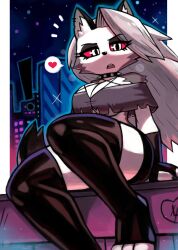  absurd_res anthro black_bottomwear black_clothing black_ears black_legwear bottomwear breasts canid canid_demon canine cleavage clothed clothing demon eyebrows eyelashes fur grey_clothing grey_hair grey_topwear hair heart_symbol hellaverse hellhound helluva_boss hi_res legwear loona_(helluva_boss) mammal mythological_canine mythological_creature mythology open_mouth pictographics pupils teeth thigh_highs tongue tonywelt topwear white_body white_eyes white_fur 